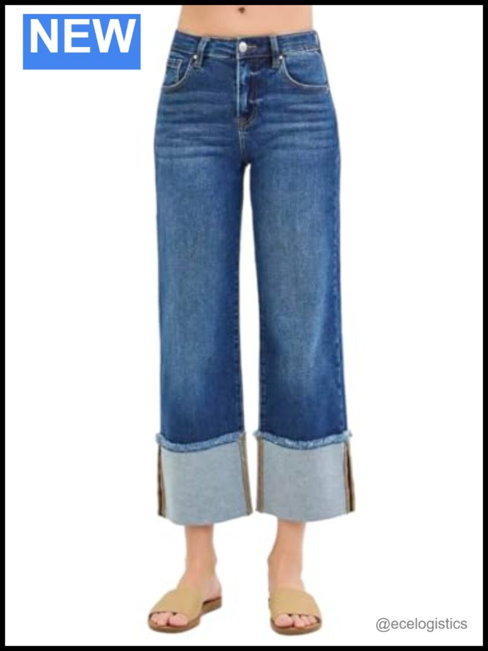 Wide Leg Cuffed Jeans High Stretch Cotton Blend 28.5" Inseam